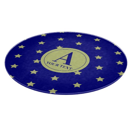 Elegant Gold & Blue Star Pattern Monogram カッティングボード (角)
