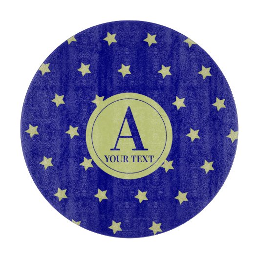 Elegant Gold & Blue Star Pattern Monogram カッティングボード (正面)