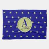 Elegant Gold & Blue Star Pattern Monogram キッチンタオル (横)