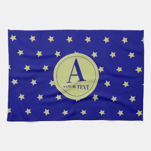 Elegant Gold & Blue Star Pattern Monogram キッチンタオル (横)
