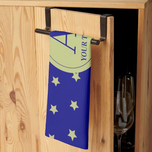 Elegant Gold & Blue Star Pattern Monogram キッチンタオル (三つ折り)