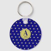 Elegant Gold & Blue Star Pattern Monogram キーホルダー (正面)