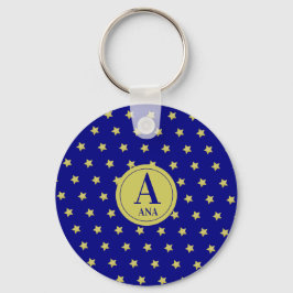 Elegant Gold & Blue Star Pattern Monogram キーホルダー