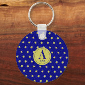Elegant Gold & Blue Star Pattern Monogram キーホルダー (正面)
