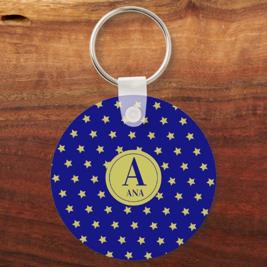 Elegant Gold & Blue Star Pattern Monogram キーホルダー (正面)