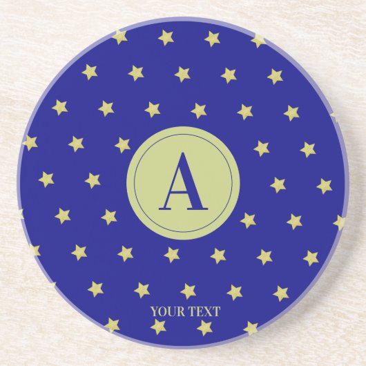 Elegant Gold & Blue Star Pattern Monogram コースター (正面)