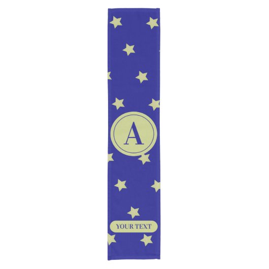 Elegant Gold & Blue Star Pattern Monogram ショートテーブルランナー (正面)