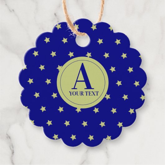 Elegant Gold & Blue Star Pattern Monogram フェイバータグ (正面)