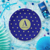 Elegant Gold & Blue Star Pattern Monogram ペーパープレート (パーティー)