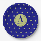 Elegant Gold & Blue Star Pattern Monogram ペーパープレート (正面)