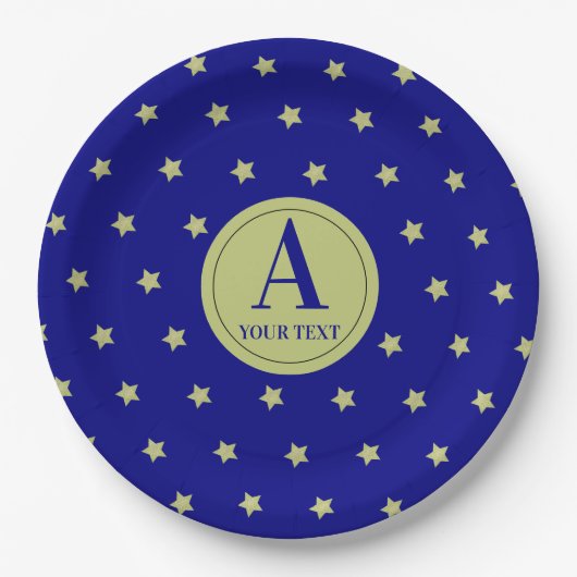 Elegant Gold & Blue Star Pattern Monogram ペーパープレート (正面)
