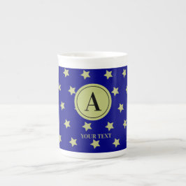 Elegant Gold & Blue Star Pattern Monogram ボーンチャイナマグカップ