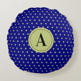 Elegant Gold & Blue Star Pattern Monogram ラウンドクッション