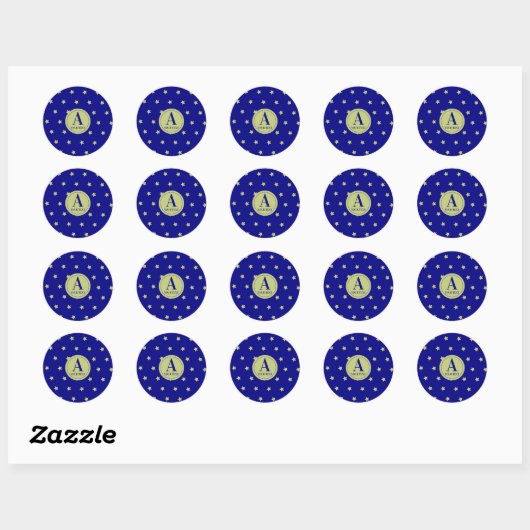 Elegant Gold & Blue Star Pattern Monogram ラウンドシール (シート)