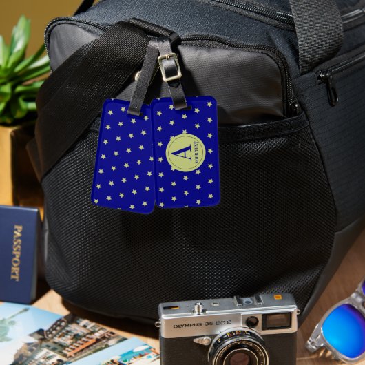 Elegant Gold & Blue Star Pattern Monogram ラゲッジタグ (正面&裏面)