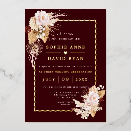 Elegant Gold Blush Flowers Pampas Grass Wedding 箔招待状 (正面)