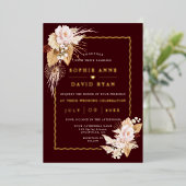 Elegant Gold Blush Flowers Pampas Grass Wedding 箔招待状 (立ち正面)