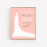 Elegant Gold Blush Gown Bridal Shower Welcome ポスター<br><div class="desc">Wedding bridal shower welcome sign / poster for the stylish bride-to-be features a flowing wedding gown design,  custom text that can be personalized,  and a color scheme of white,  blush / coral pink,  and antique gold.</div>