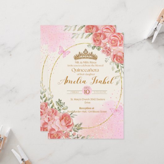Elegant Gold & Blush Quinceañera Invitation 招待状 (正面/裏面インサイチュ)