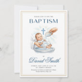 Elegant Gold Border Blue Shell Baby Boy Baptism 招待状 (正面)