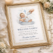 Elegant Gold Border Blue Shell Baby Boy Baptism 招待状