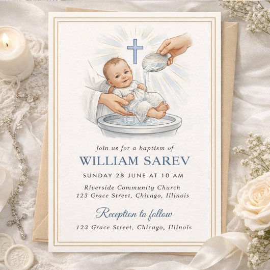 Elegant Gold Border Blue Shell Baby Boy Baptism 招待状
