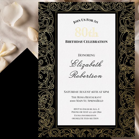 Elegant Gold Border Women's 80th Birthday Gold 箔招待状