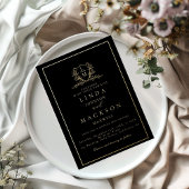 Elegant  gold botanical crest monogram wedding fo 箔招待状