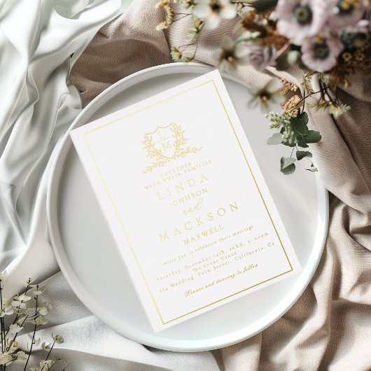 Elegant  gold botanical crest monogram wedding fo 箔招待状