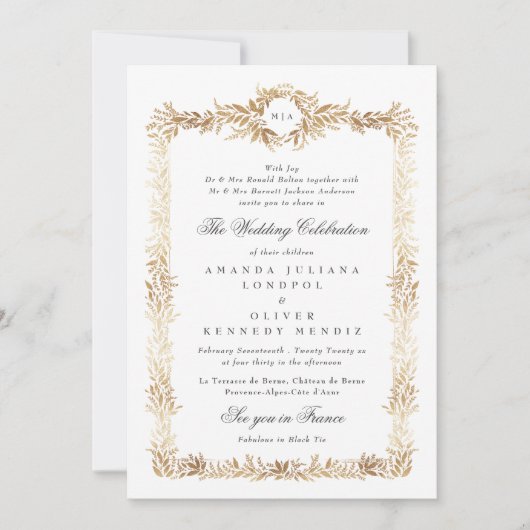 elegant gold botanical frame monogram wedding 招待状 (正面)