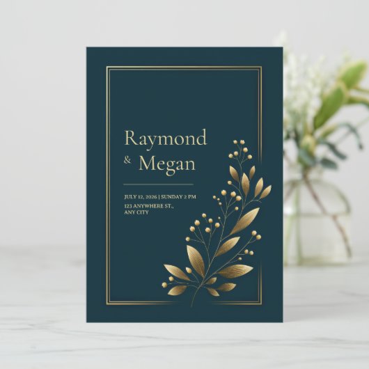 Elegant Gold Botanical Leaf Wedding 招待状 (スタンド正面)