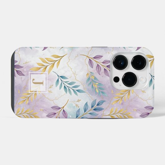 Elegant Gold Botanical Marble Mongram iPhoneケース (裏面横)