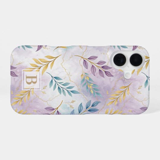 Elegant Gold Botanical Marble Mongram iPhone 16ケース (裏面横)