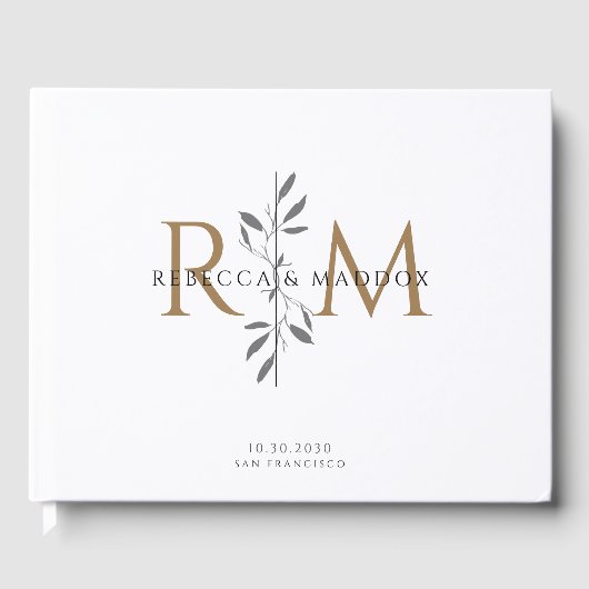 Elegant Gold Botanical Monogram Wedding ゲストブック (正面)