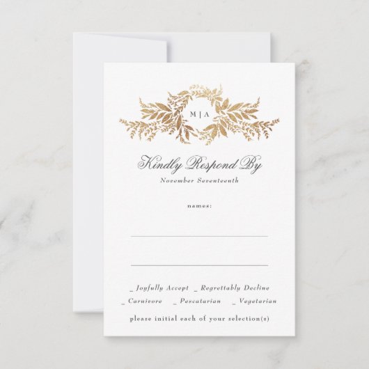 elegant gold botanical wreath monogram wedding 出欠カード (正面)
