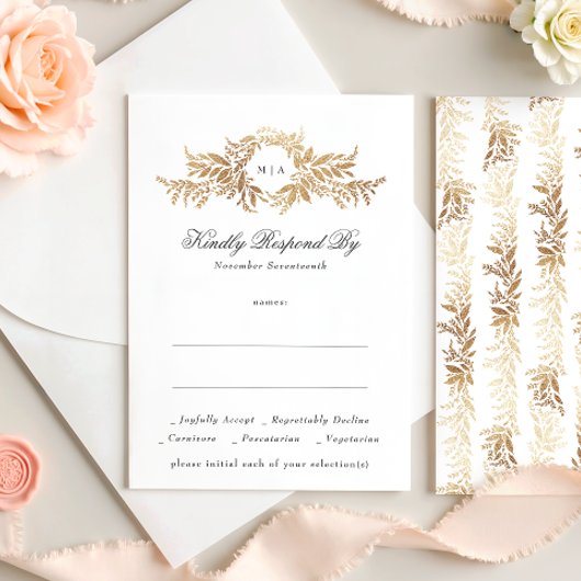 elegant gold botanical wreath monogram wedding 出欠カード