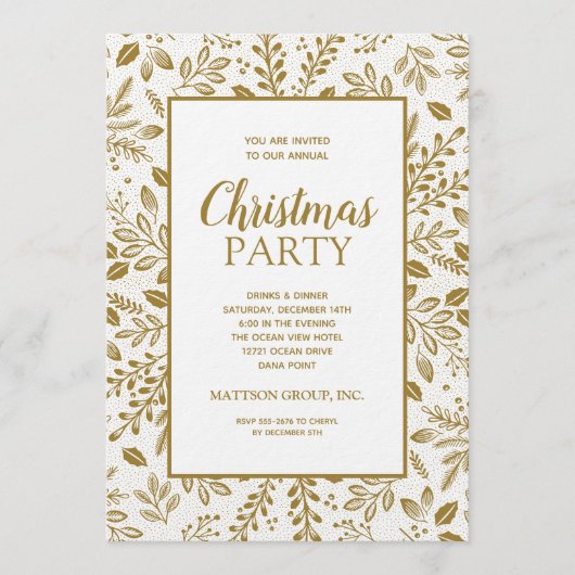 Elegant Gold Botanicals Christmas Party 招待状 (正面)
