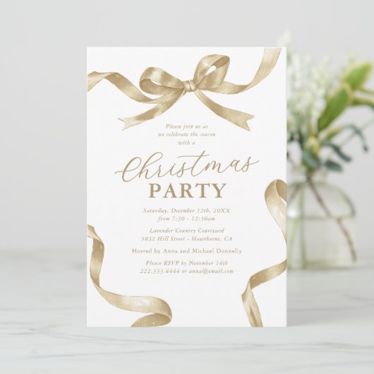 Elegant Gold Bow Christmas Holiday Party 招待状 (スタンド正面)