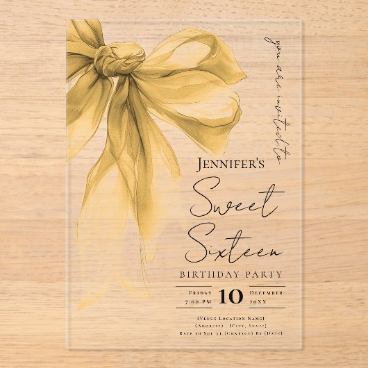 Elegant Gold Bow Coquette Script Sweet 16 Party アクリル招待状 (正面)