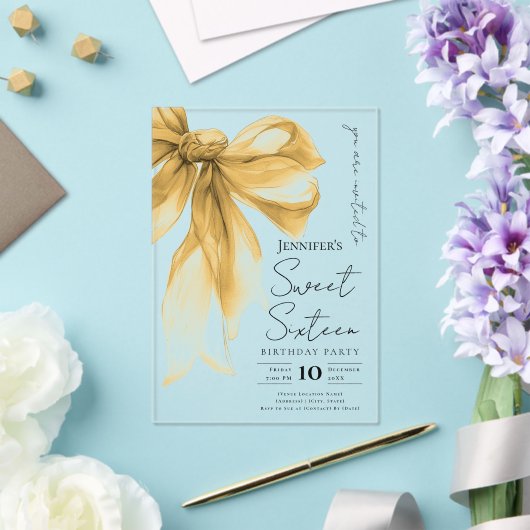 Elegant Gold Bow Coquette Script Sweet 16 Party アクリル招待状 (インサイチュ (ウェディング))