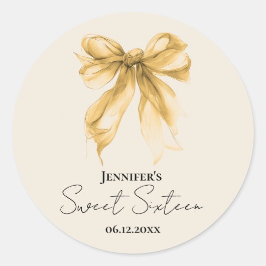 Elegant Gold Bow Coquette Script Sweet 16 Party  ラウンドシール (正面)