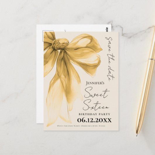 Elegant Gold Bow Coquette Sweet 16 Save the Date  ポストカード (正面/裏面インサイチュ)