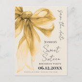 Elegant Gold Bow Coquette Sweet 16 Save the Date  ポストカード (正面)