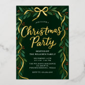 Elegant Gold Bow Greenery Christmas Party  箔招待状 (正面)