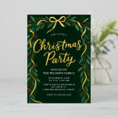 Elegant Gold Bow Greenery Christmas Party  箔招待状 (立ち正面)