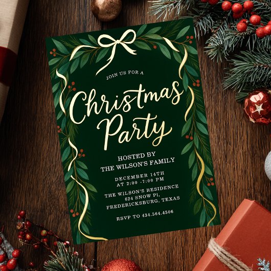 Elegant Gold Bow Greenery Christmas Party  箔招待状