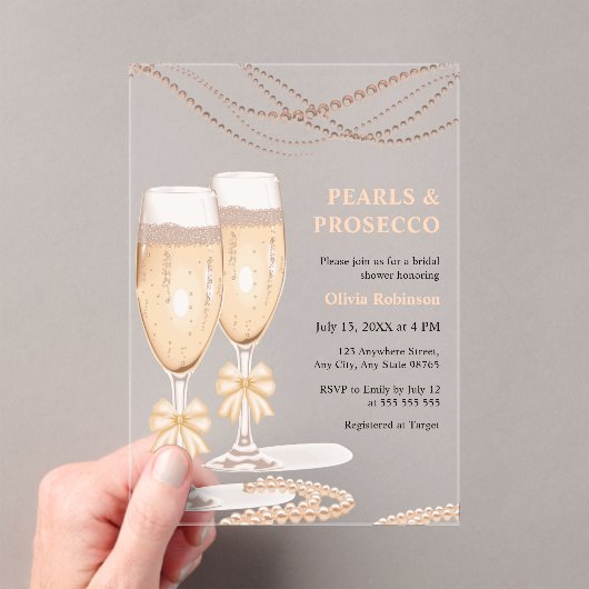 Elegant Gold Bow Pearls and Prosecco Bridal Shower アクリル招待状 (インサイチュ (ポータブル))