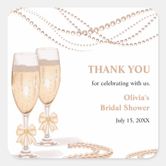 Elegant Gold Bow Pearls and Prosecco Bridal Shower スクエアシール (正面)