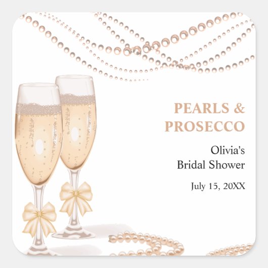 Elegant Gold Bow Pearls and Prosecco Bridal Shower スクエアシール (正面)