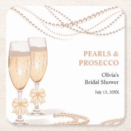 Elegant Gold Bow Pearls and Prosecco Bridal Shower スクエアペーパーコースター